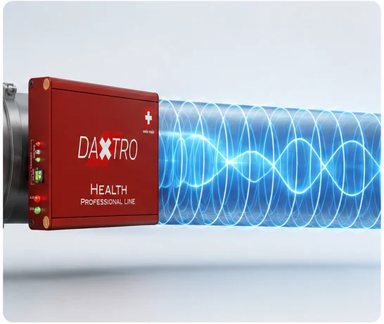 Daxtro Health Gerät mit visualisierten Impulsen entlang der Rohrleitung