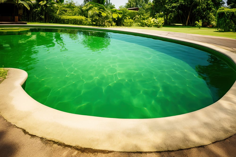 Grün verfärbtes Wasser mit Algenbildung in einem Schwimmbecken